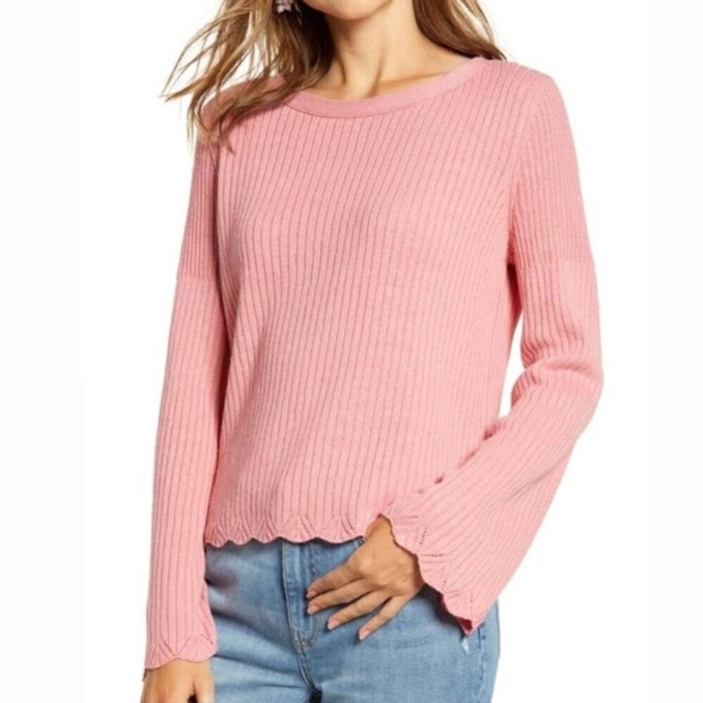 Rachel Parcell Scalloped Hem Knit Linen Blend Ribbed Blouse Womens Large New
